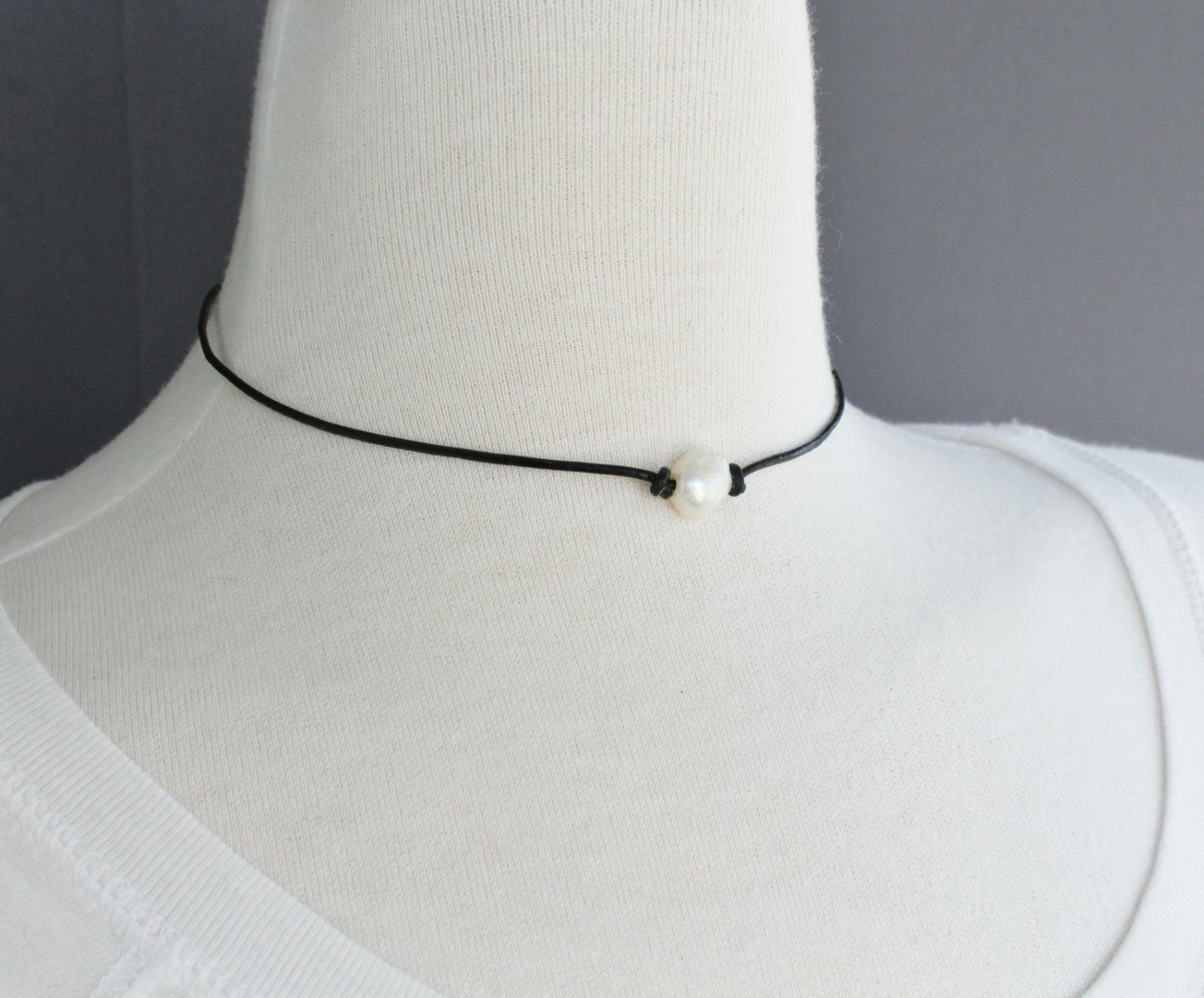 faux pearl choker Black faux leather adjustable choker necklace 14-16 long
