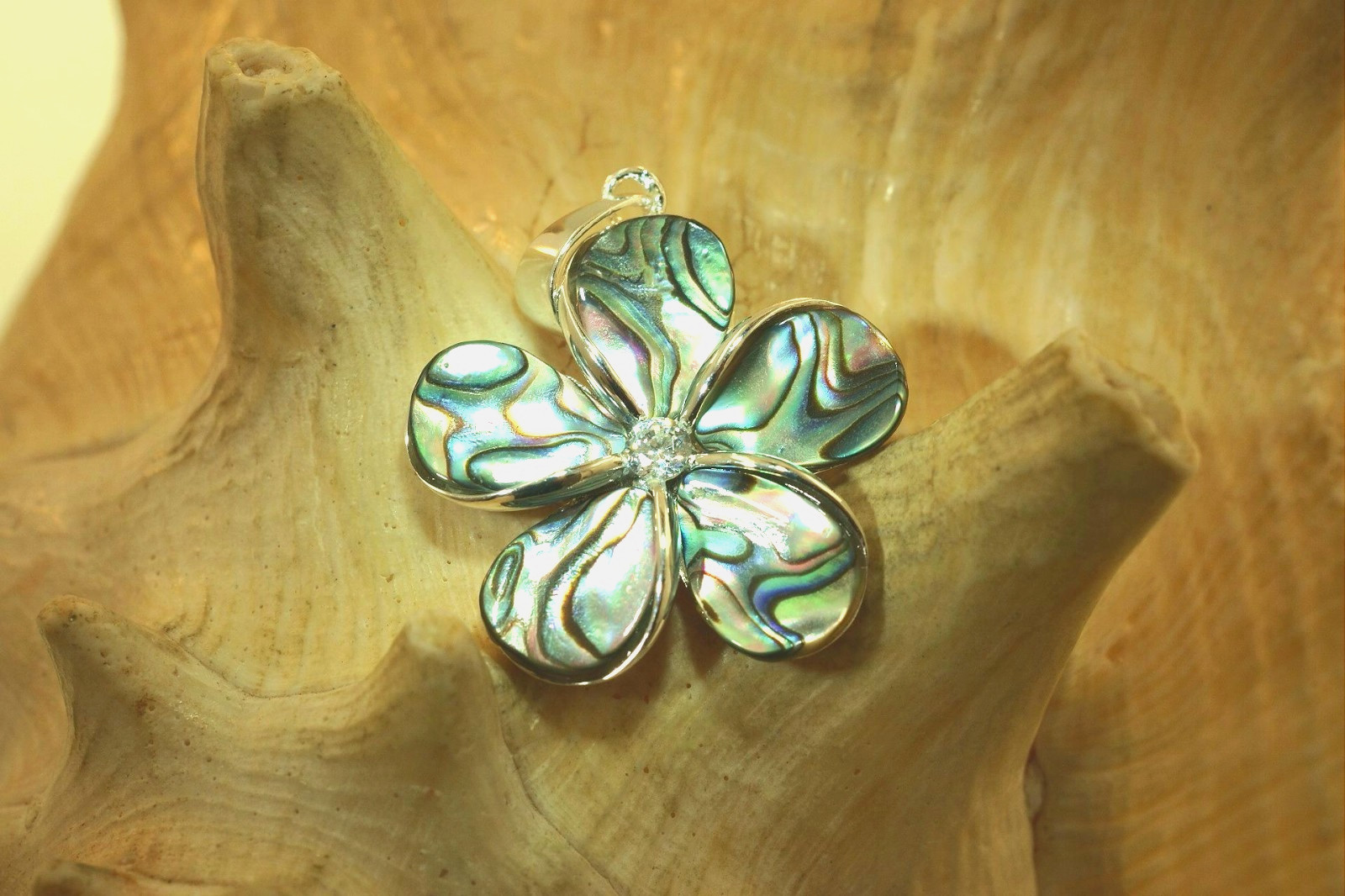 26mm Hawaiian Sterling Silver Paua Abalone Plumeria Frangipani Flower CZ Pendant