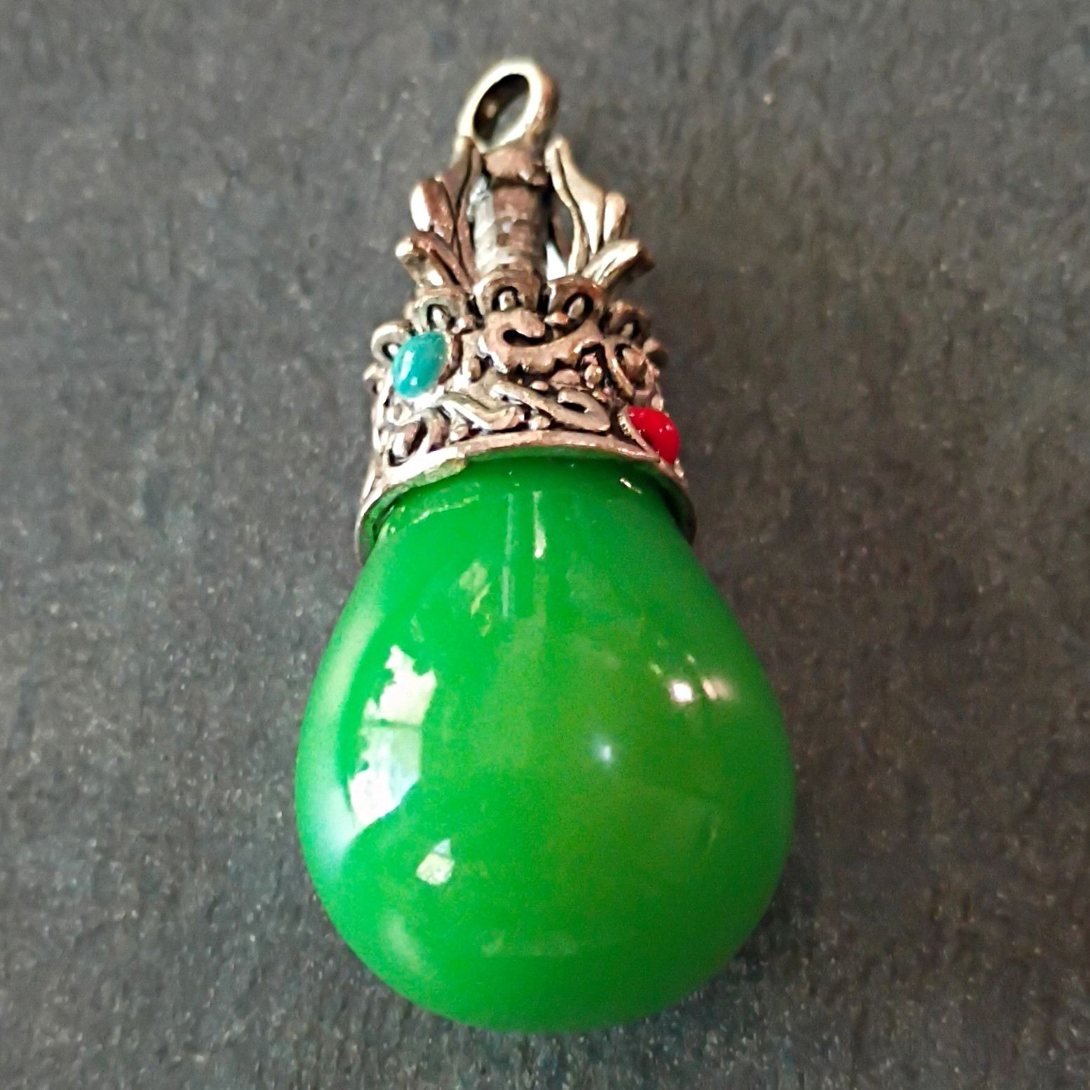 Green Jade Teardrop Charm Pendant Silver Tone Ornate Cap w/ Bail Loop