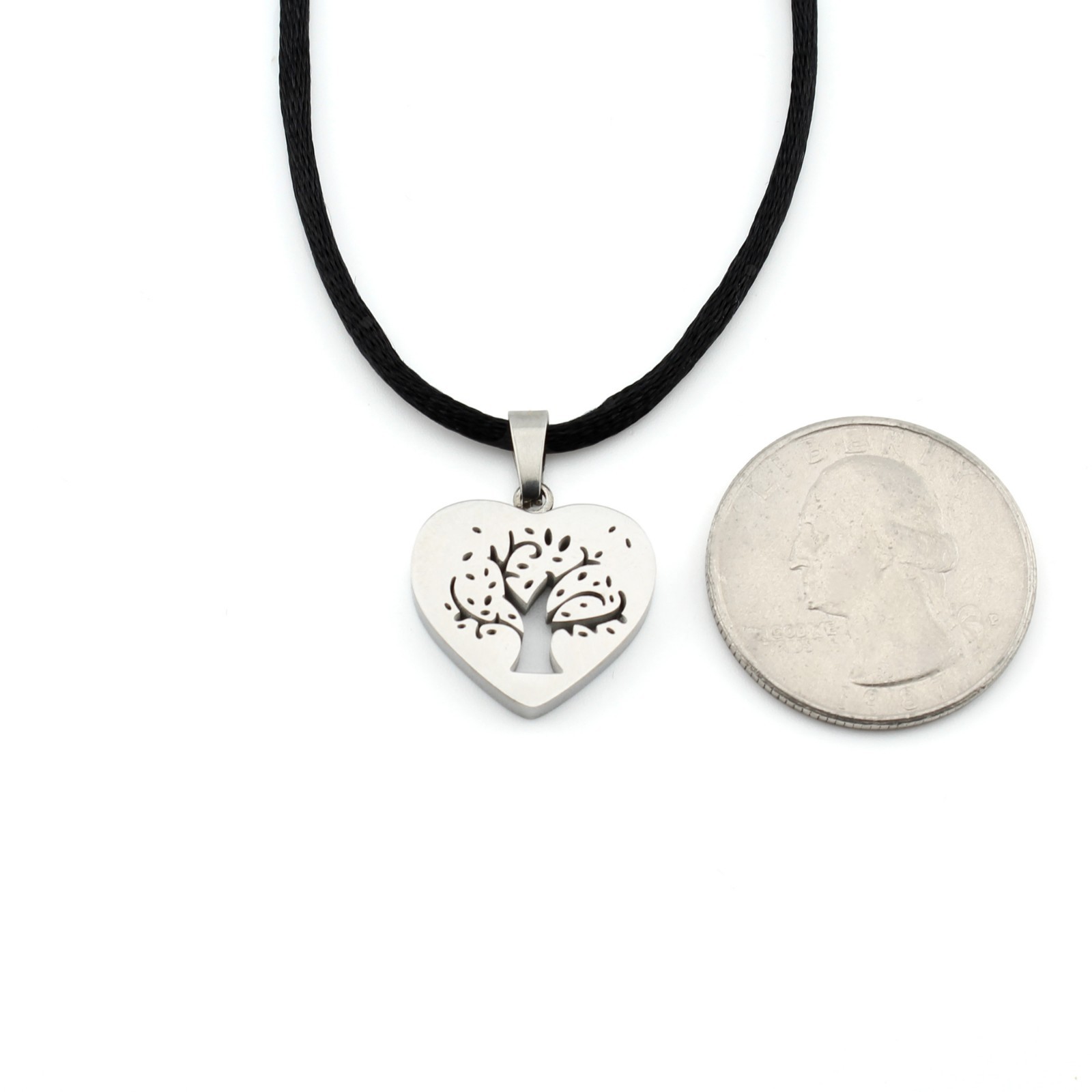 Stainless Steel Tree of Life Heart Pendant Necklace on Black Satin Silk Cord