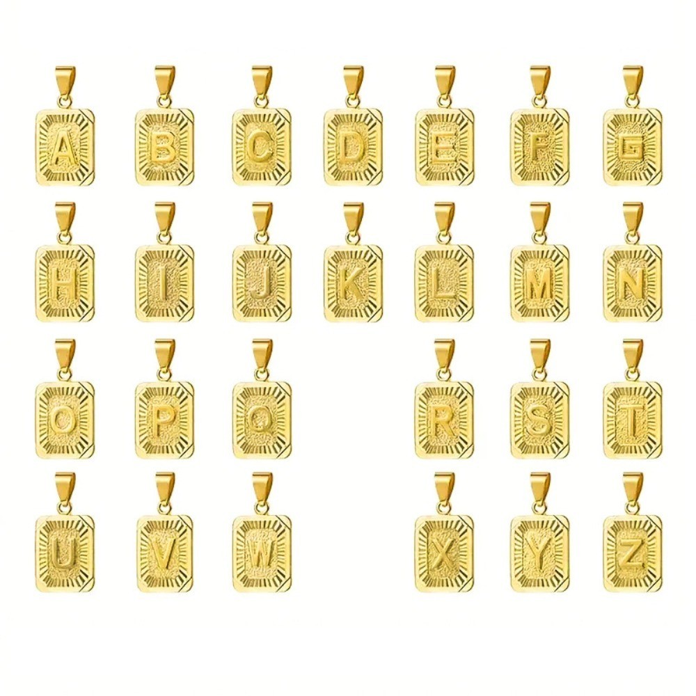 Gold Stainless Steel Cuban Chain Square Capital Initial Letter Pendant Necklace