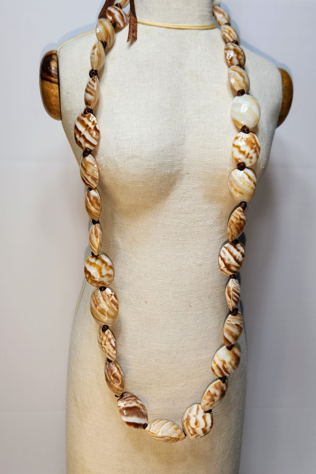 Long Brown & Ivory Marbled Shell Bead Statement Necklace