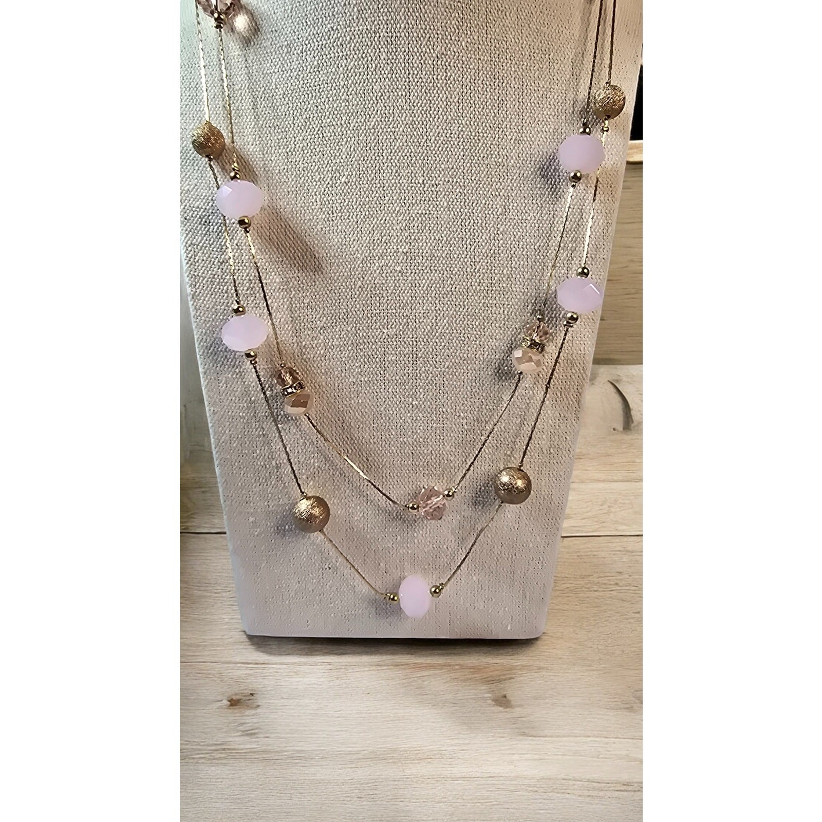 Pink, Gold and Pink Crystal Long Beaded Two Strand Layered Necklace