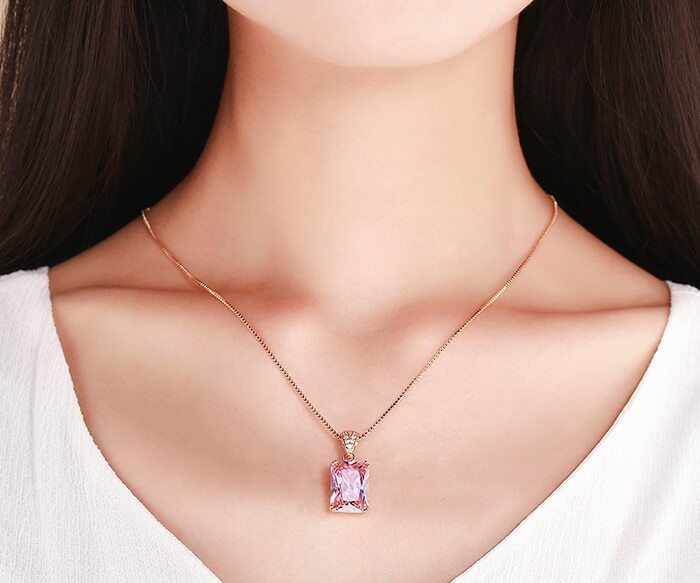 ZARD Pink CZ Solitaire Emerald Cut Pendant Necklace in Gold Vermeil