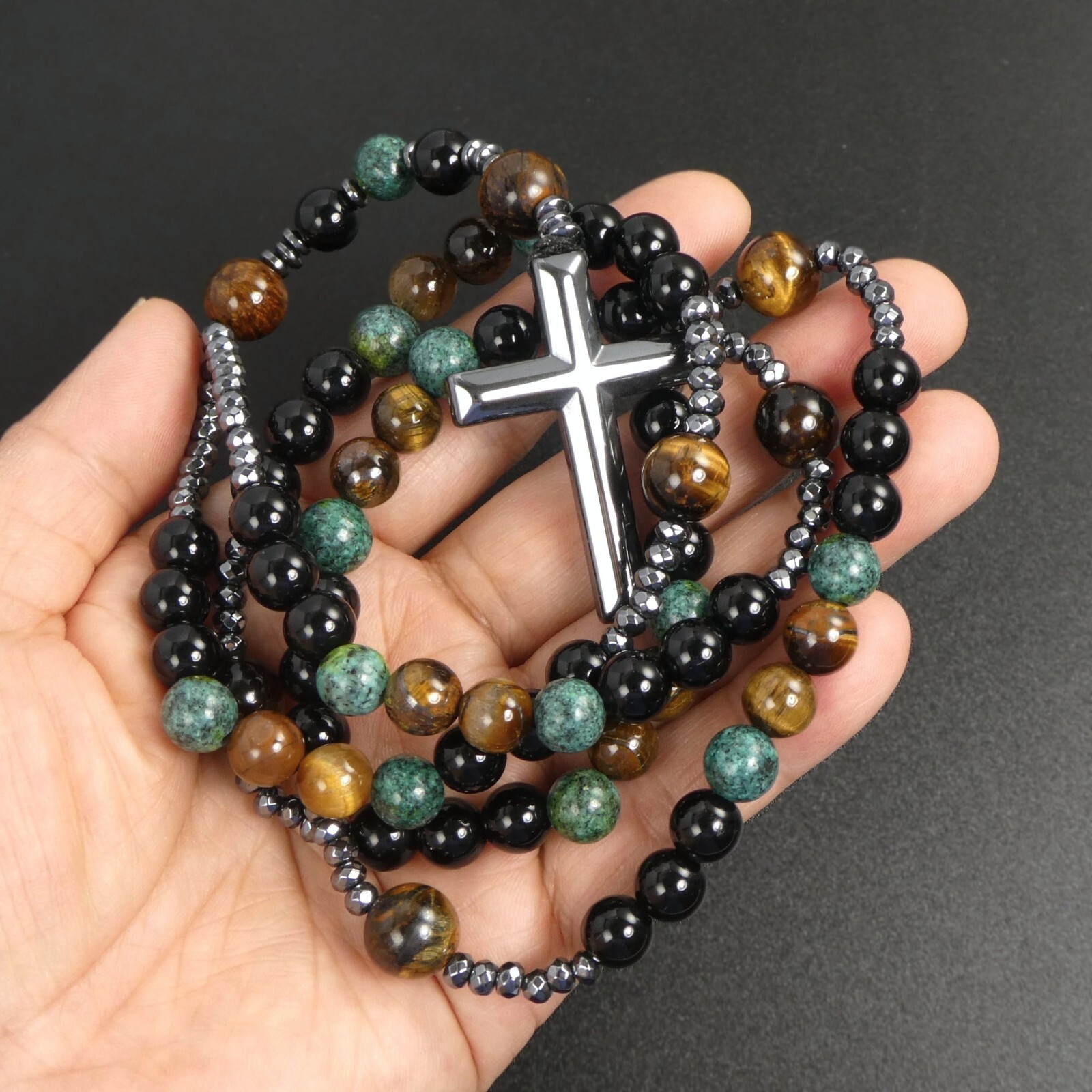 Black Obsidian Tiger Eye African Turquoise Black Hematite Cross Rosary Necklace