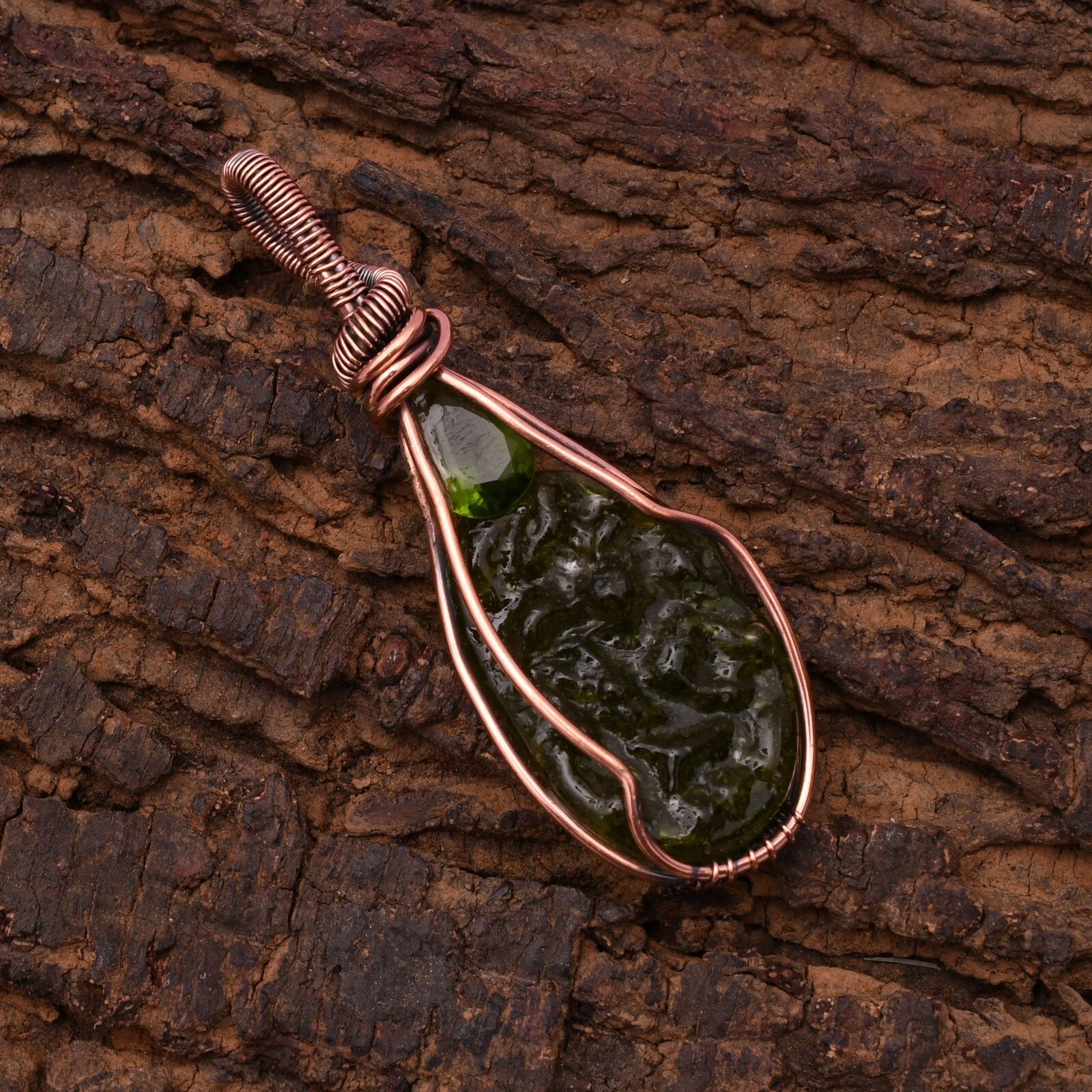 Moldavite Pendant Copper Wire Wrapped Handmade Jewelry Pendant 2.15″