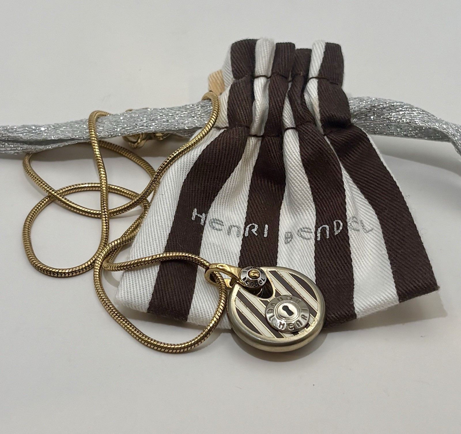 Henri Bendel Lock Pendant Necklace Brown White Stripe Gold Tone Snake Chain