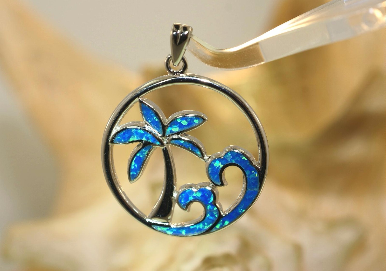 26mm Rhodium Plated 925 Silver Inlaid Blue Opal Hawaiian Palm Tree Waves Pendant