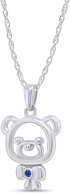 Teddy Bear Pendant 18″ Necklace 925 Sterling Silver Simulated Blue Topaz