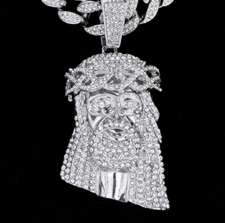 Silver Tone Cuban Link Chain Jesus Head Pavé CZ Pendant Necklace 20 inch White