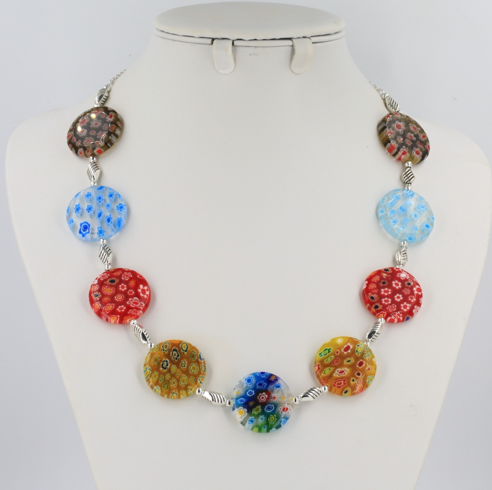Multicolour flower millefiori glass large 25mm bead silver chain necklace