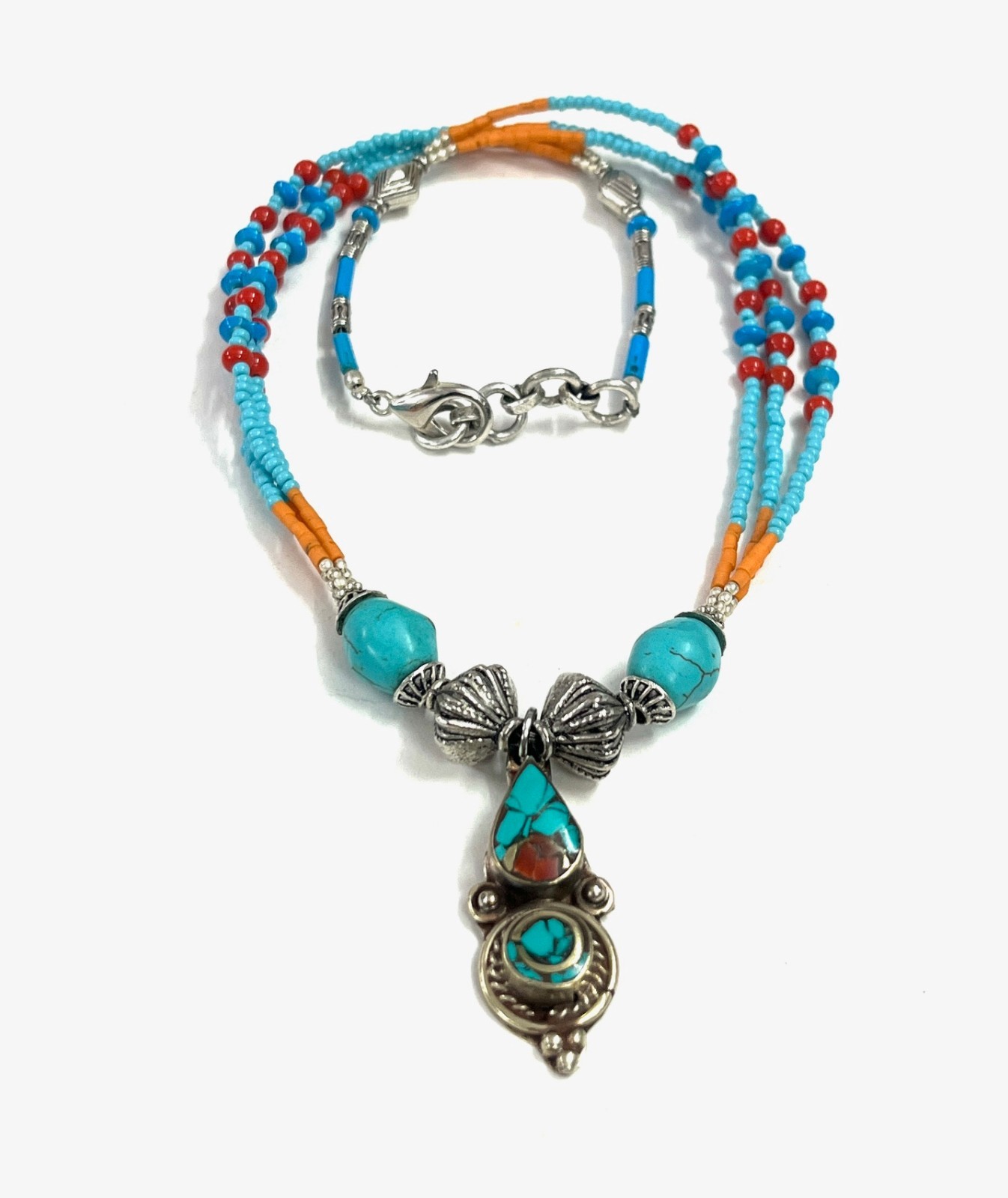 Handcrafted Turquoise Coral Gemstone Tibetan Necklace Jewelry, 17 inch Adjus