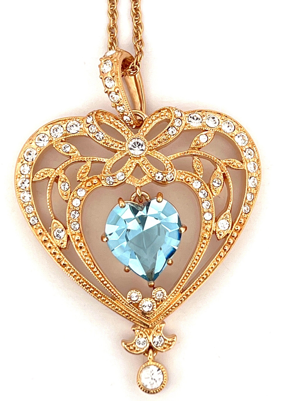 March Birthstone Gold Plated Necklace Set With Heart Shaped Aquamarine Crystal