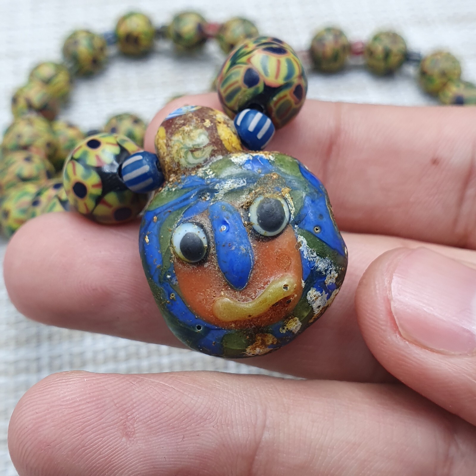 Stunning Vintage Venetian Style Eyes Glass With Old Face Glass Pendant Necklace