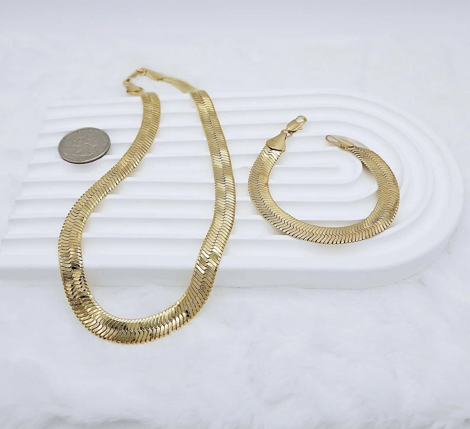 Gold 9mm Herringbone Necklace & Bracelet Set, 14k Heavy Plated