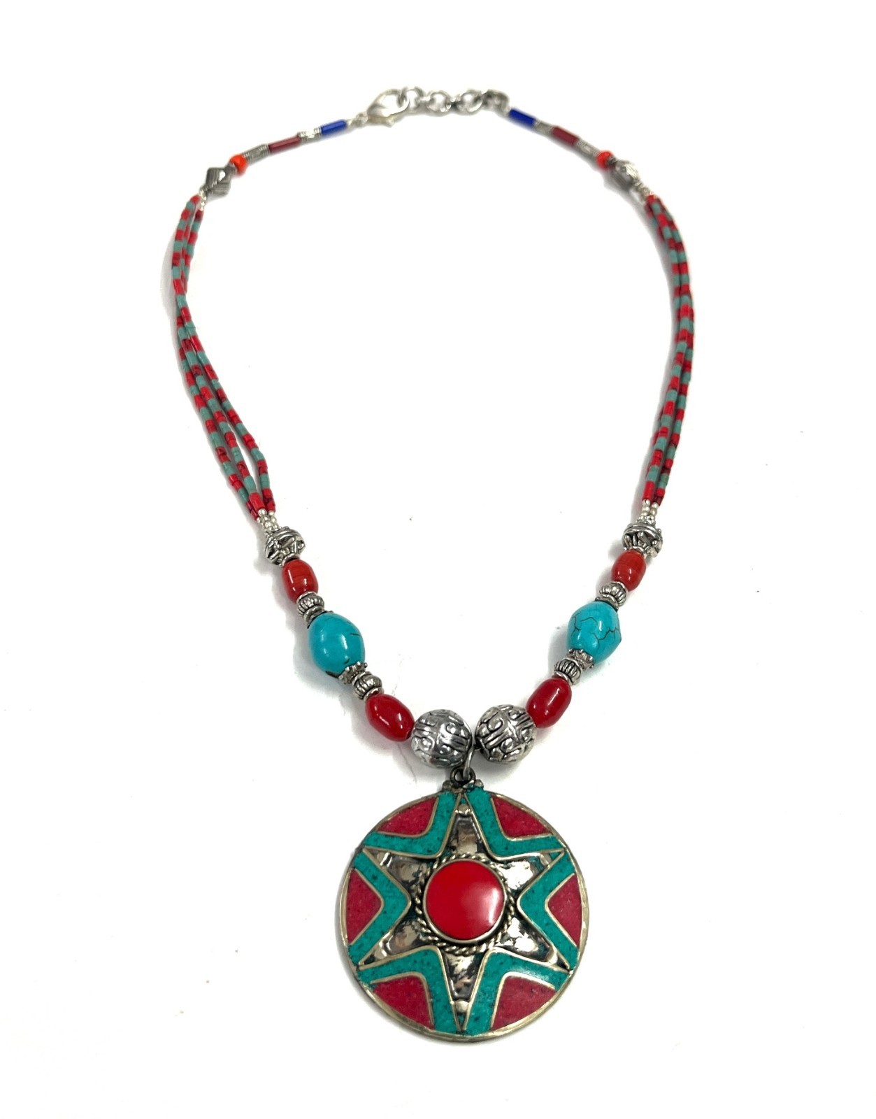 Handcrafted Red Coral Turquoise Gemstone Tibetan Necklace Jewelry, 17 Inch Adjs