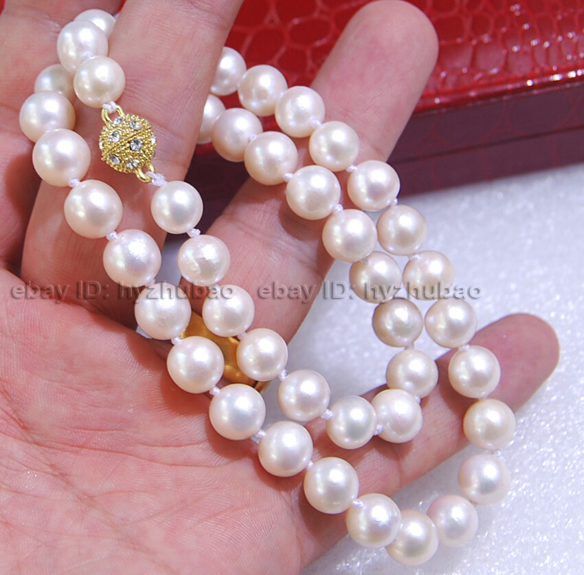 16- 36″ 9-10mm White Akoya Cultured Pearl Beads 14K GP Magnetic Clasp Necklace