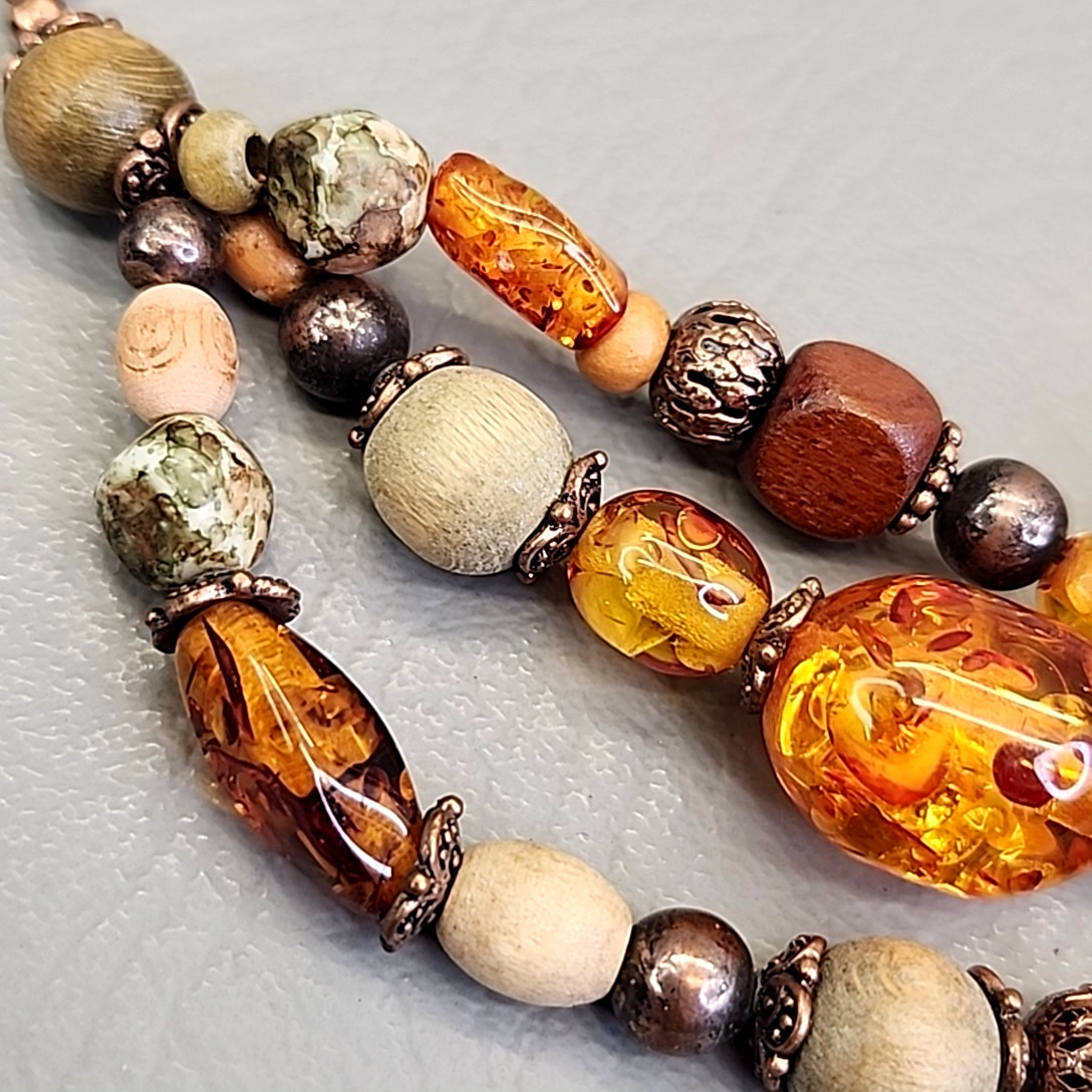 Beaded Necklace Roman Jewelry Copal Wood Beads Triple Layered 16-18″
