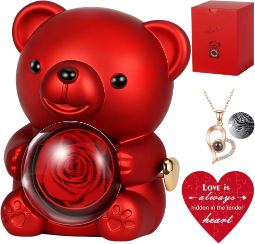 Valentines Day Gifts for Her,Cute Teddy Bear with Preserved Rose,Hidden Surprise