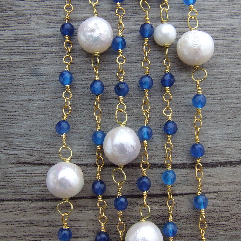70″ White Keshi Pearl Blue Agate Gold Plated Chain Long Necklace