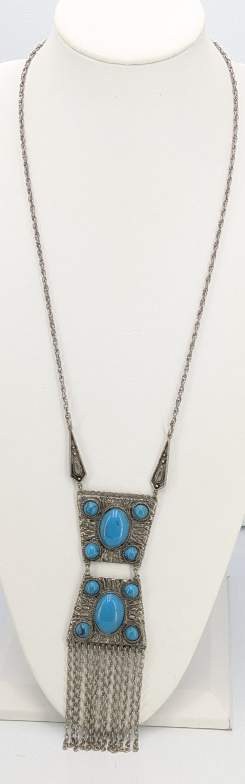 Vintage Fringe Pendant Necklace Faux Turquoise Silver Tone SW Boho 29in Tribal
