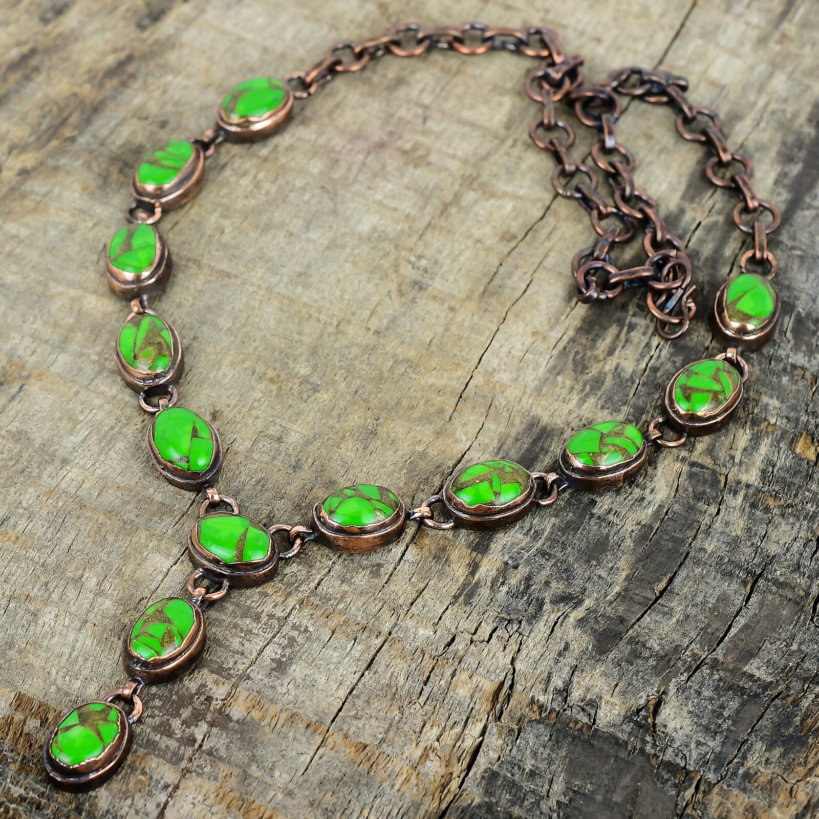 Valentines Deal Copper Green Turquoise Stone Chain Electroformed Necklace Copper