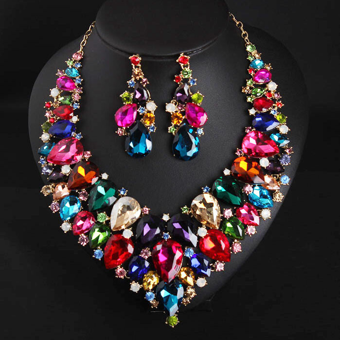 Crystal Women Statement Choker Bridal Necklace Earrings Jewelry Set Wedding Gift