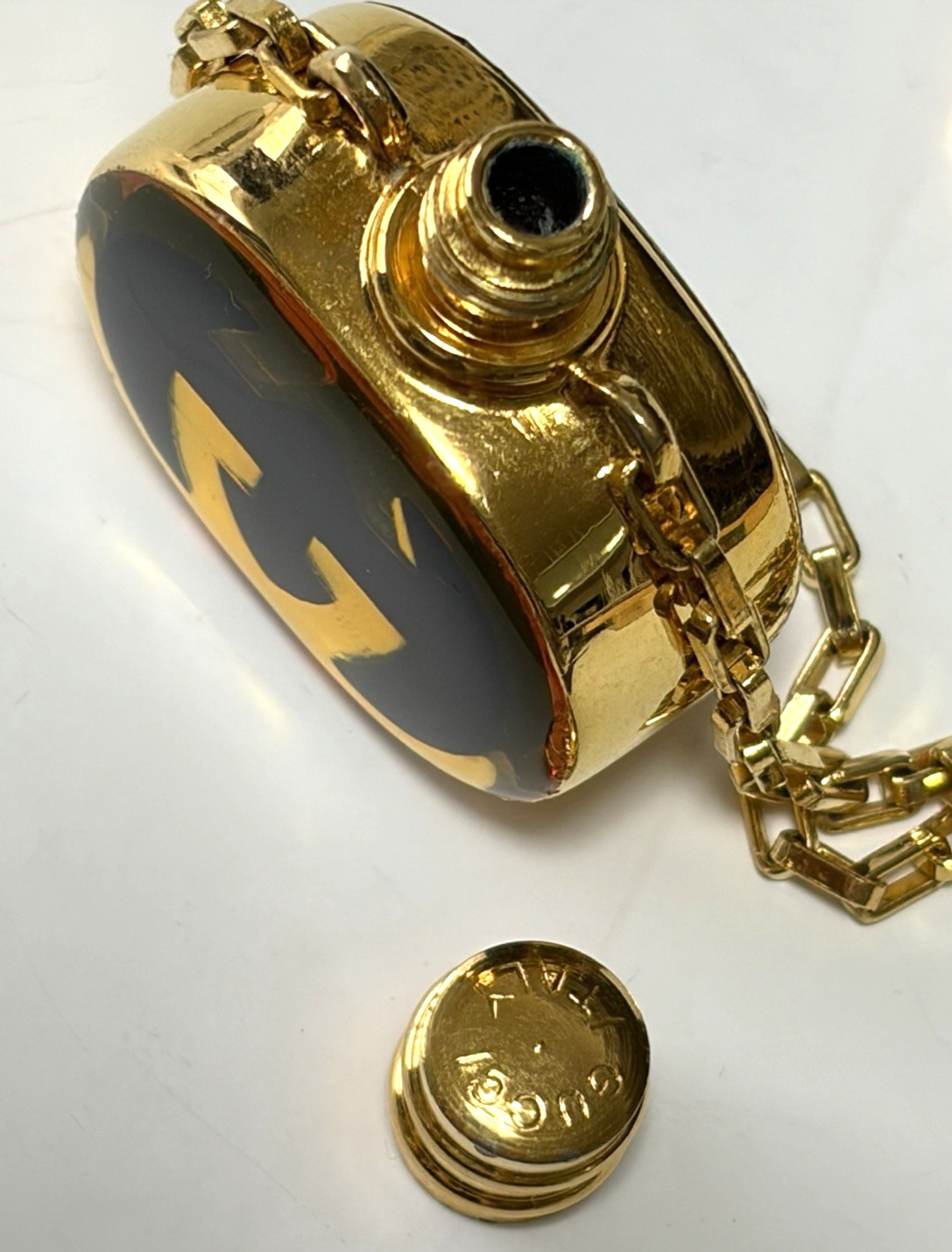 Vintage Gucci Navy Enamel GG Perfume Bottle Motif Necklace Pendant Gold-tone