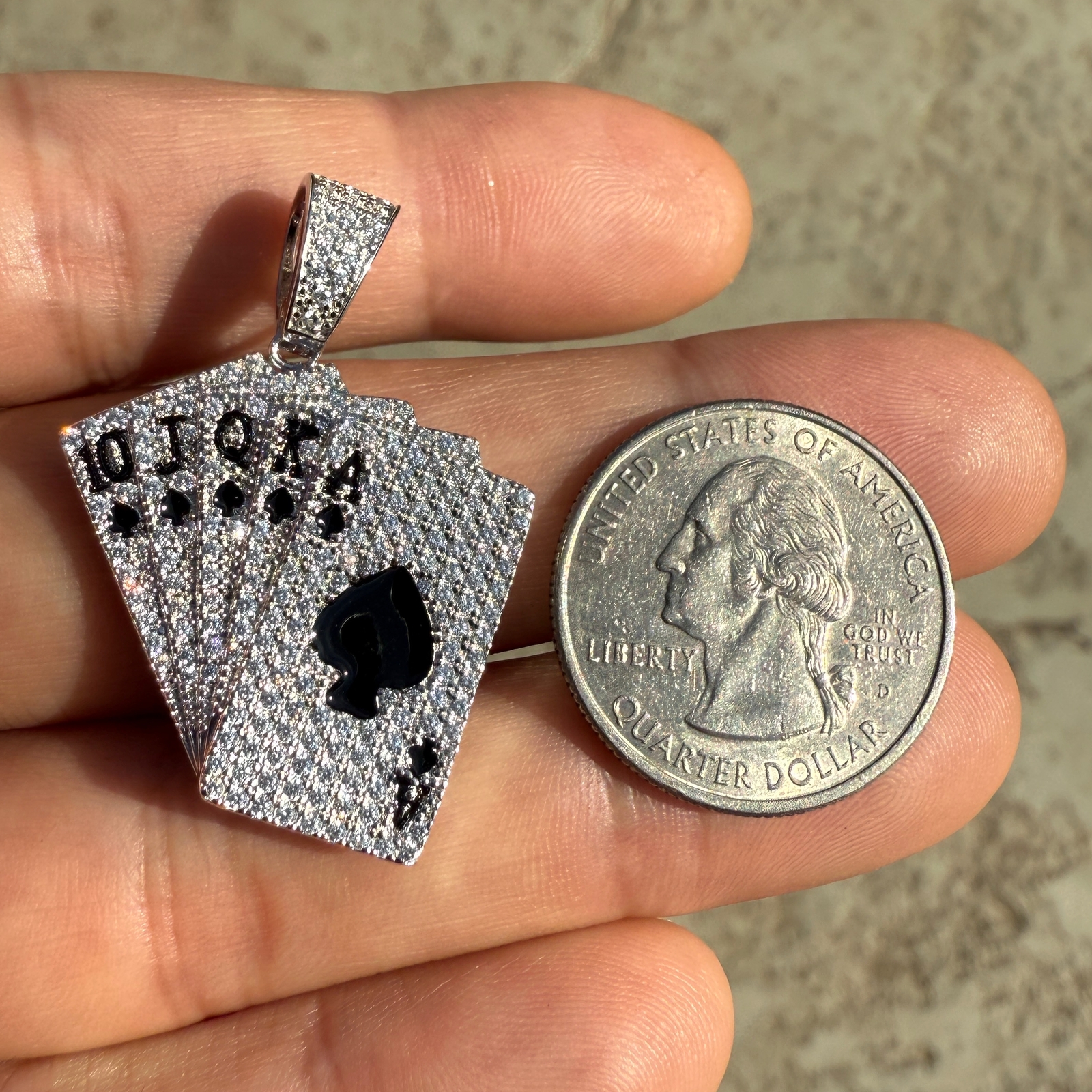 925 Sterling Silver Pendant Poker Playing Cards CZ Royal Flush Ace Spades Deck