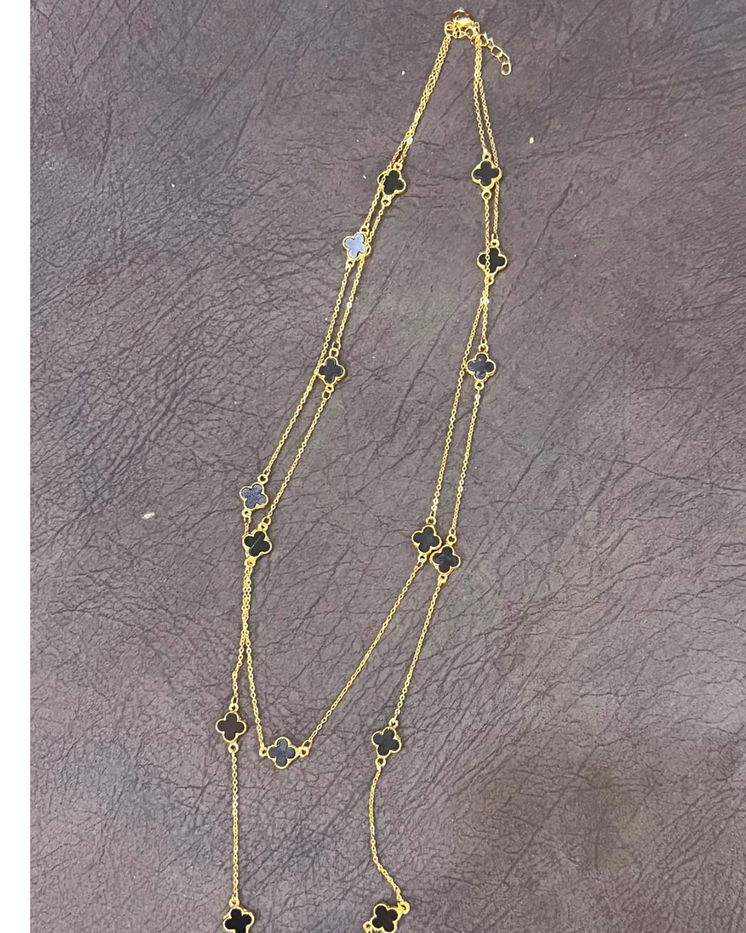 Gold Tone Clover Station Necklace 16 Black Motifs Long Layered Chain 65cm