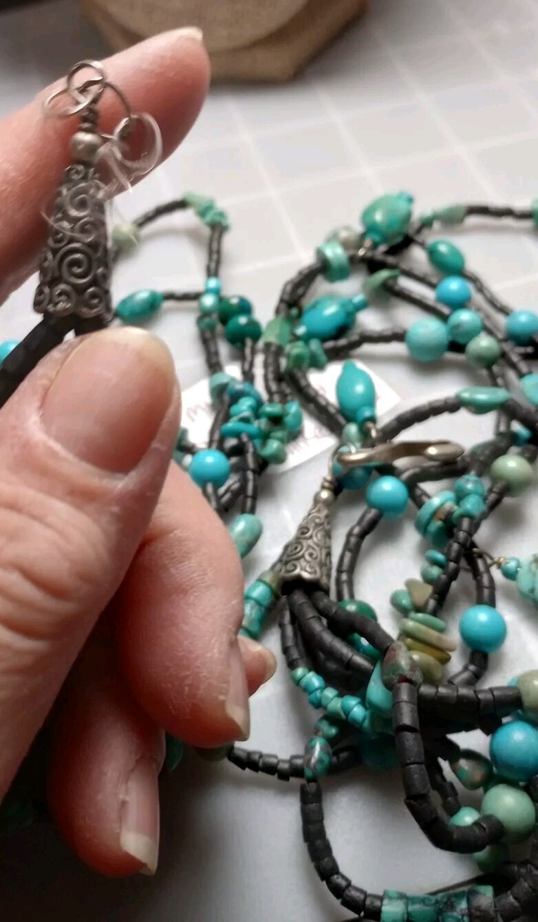 Av925 Marked Closure Hook Blue Rock,Stone Unknown Beaded Multistrand 16″necklace
