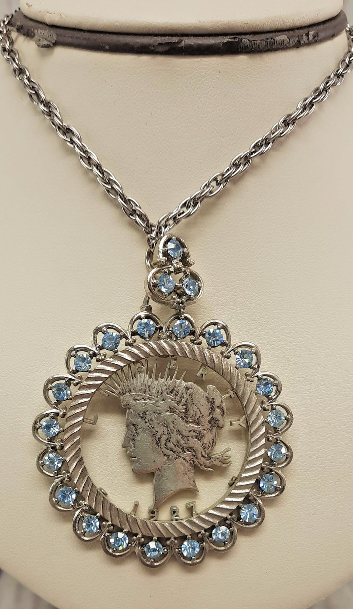 Vintage 1927 Lady Liberty Pendant Necklace with Blue Stones 12″ Cable Chain