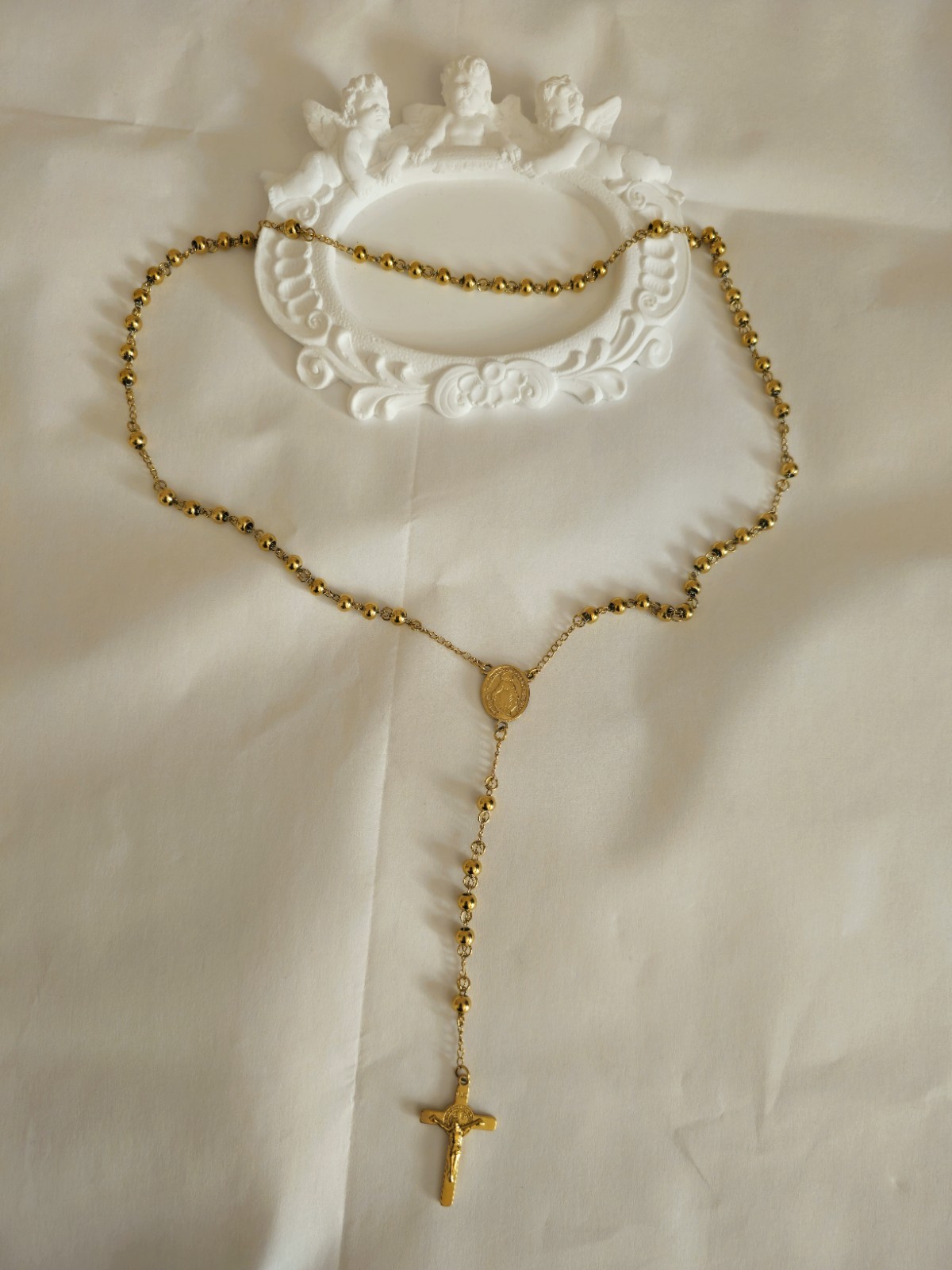 Gold Tone Stainless Steel Rosary Necklace Virgin Mary Crucifix Cross 60cm