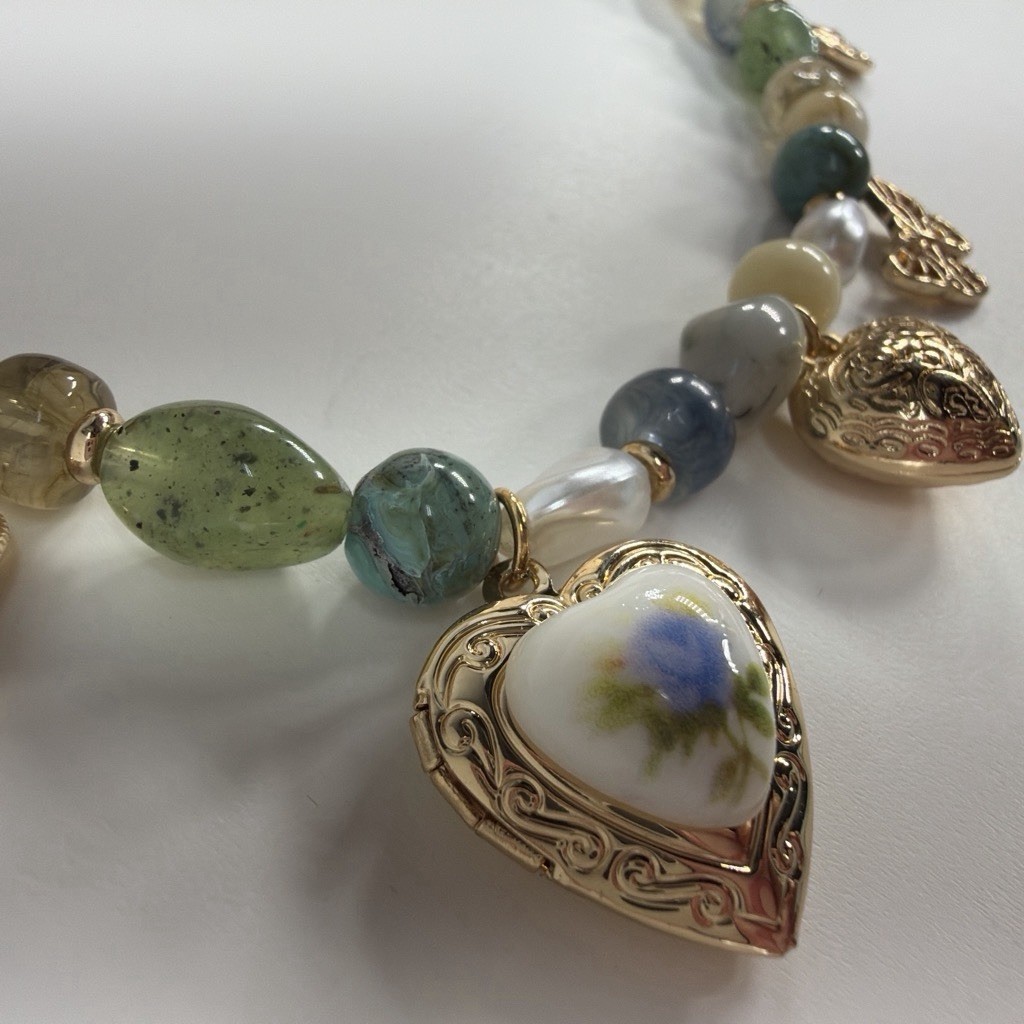 Multicolor Beaded Charm Necklace Heart Locket Pendant Butterfly Western Theme