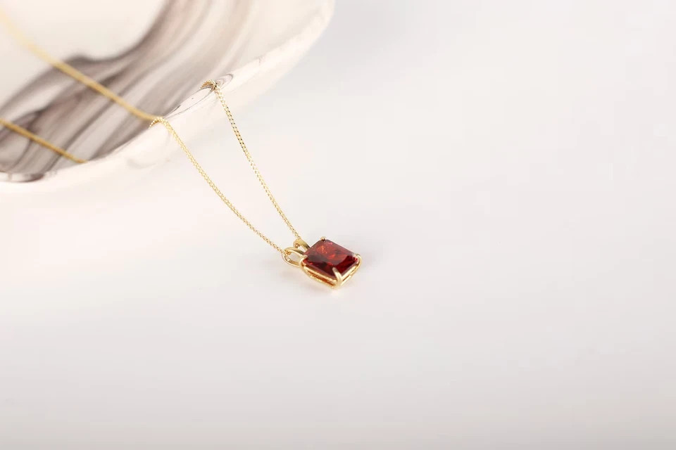 Rectangle Garnet Necklace Sterling Sliver Dainty Minimalist Red Gemstone Jewelry