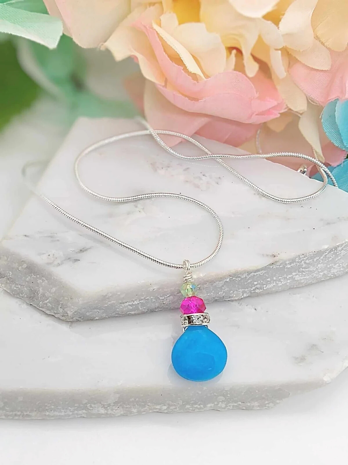 Blue Teardrop Gemstone Silver Snake Chain Necklace, 18 Inch, Teardrop Charm
