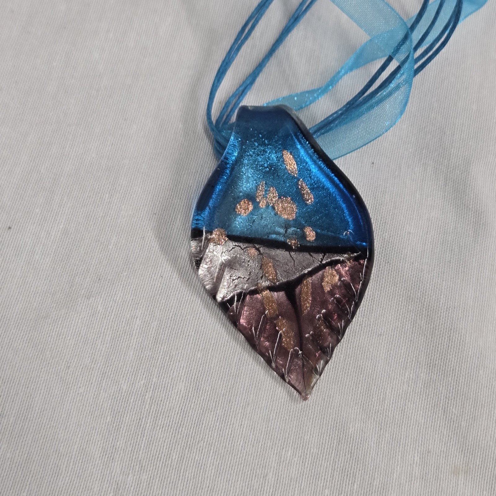 Stunning Fused Glass Leaf Pendant Necklace – Vibrant Blue & Metallic Accents