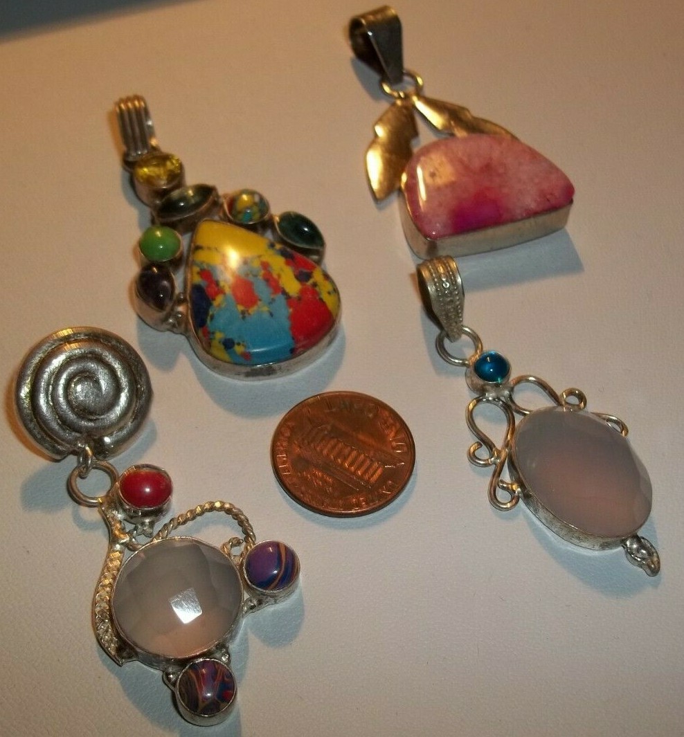 Colorful Lot of 4 Big Fun Pendants for Necklace 925 Sterling & Various Gemstones