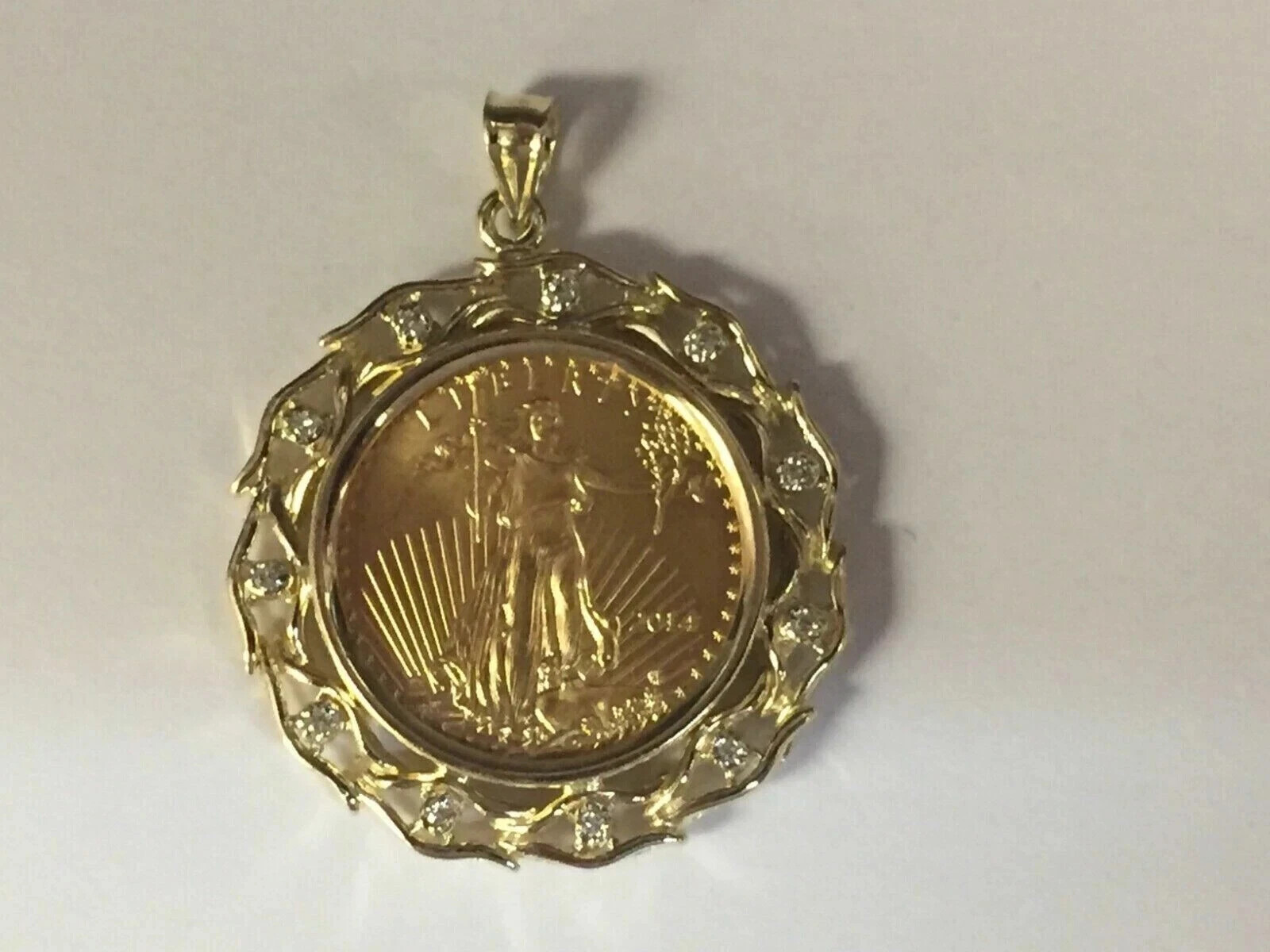 Lady Liberty Coin Pendant 18″ Chain 14K Yellow Gold Finish Simulated Diamond