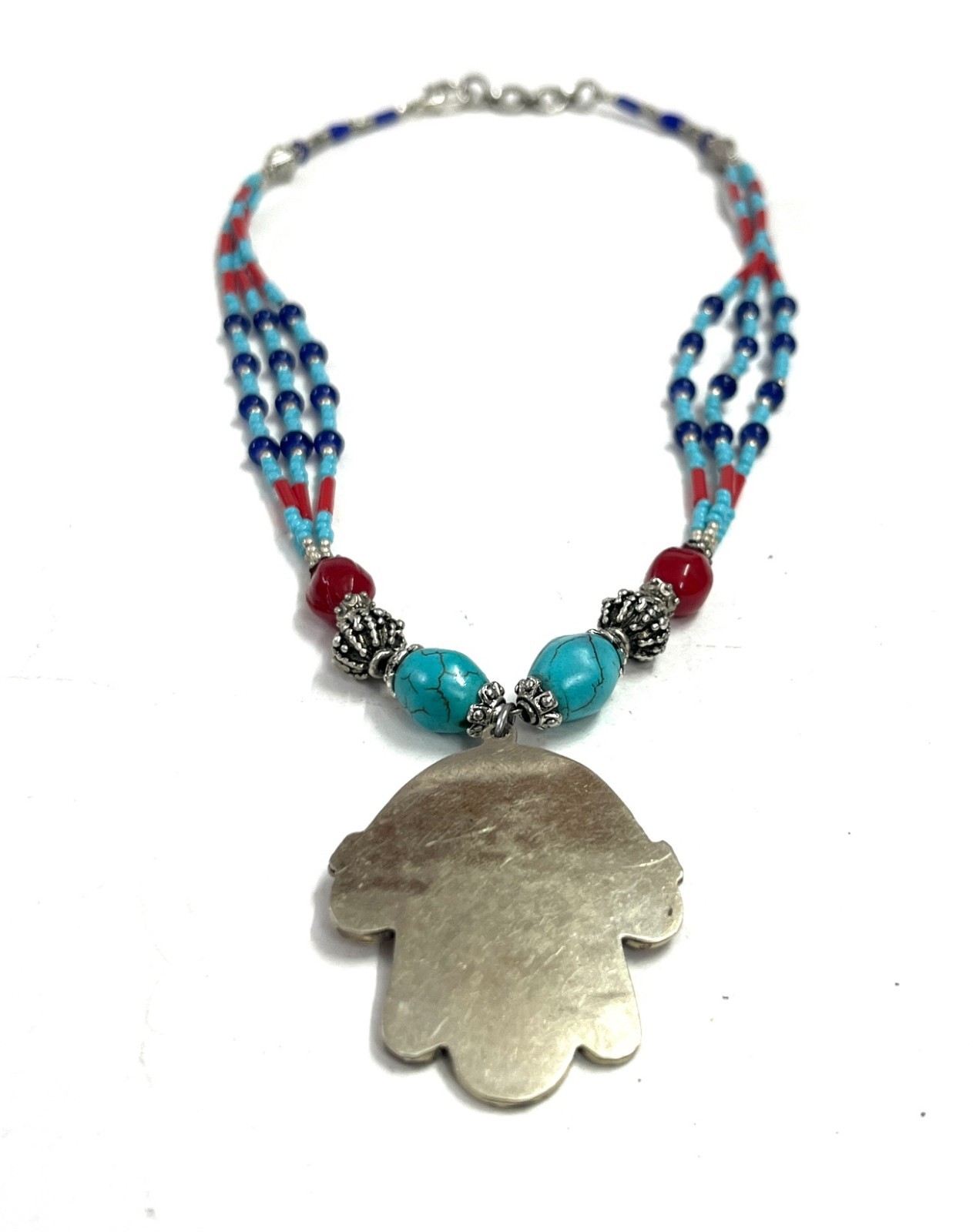 Turquoise Lapis Coral Gemstone Tibetan Pendant Necklace Jewelry, 18 Inc Adjs