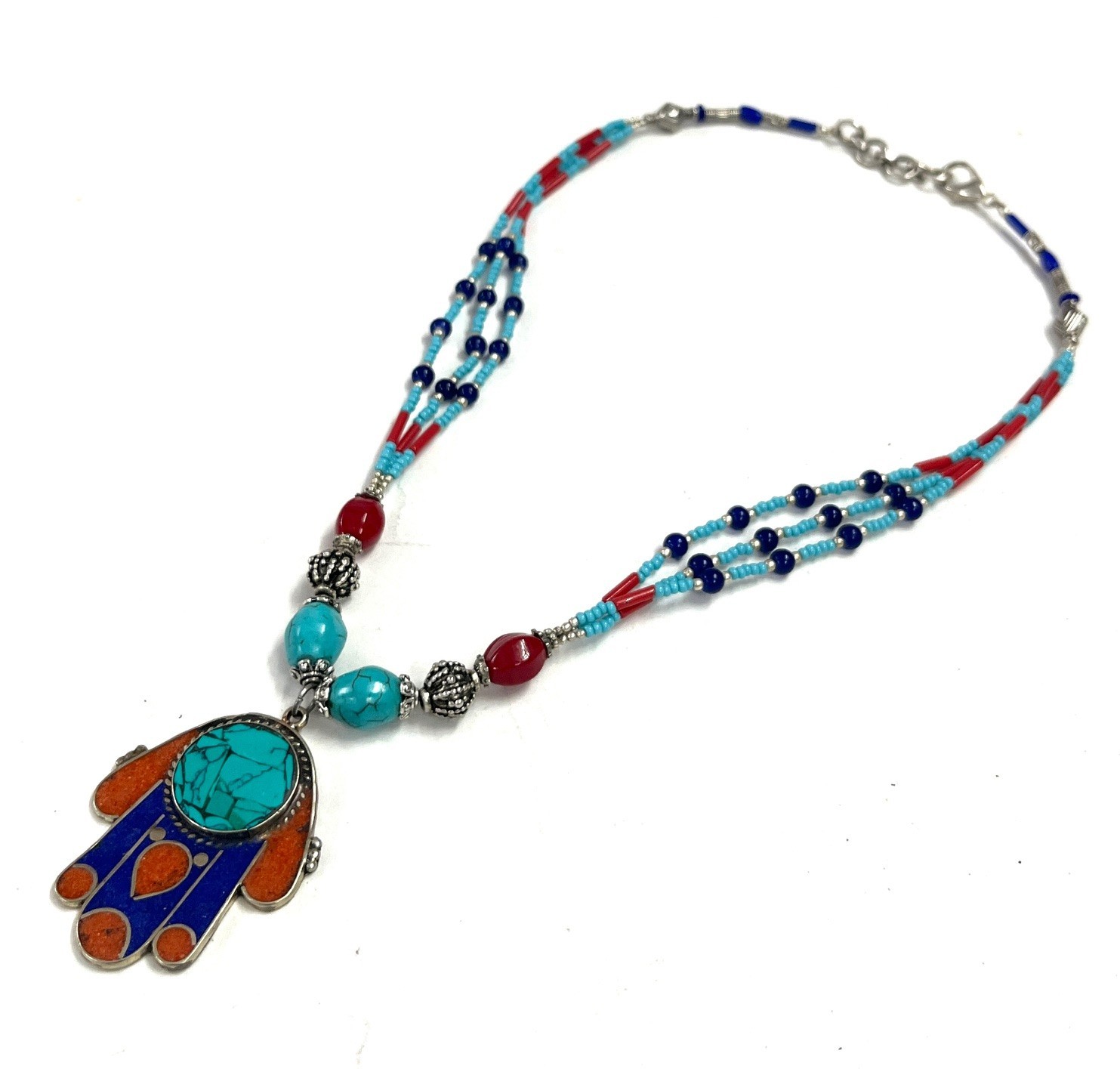 Turquoise Lapis Coral Gemstone Tibetan Pendant Necklace Jewelry, 18 Inc Adjs