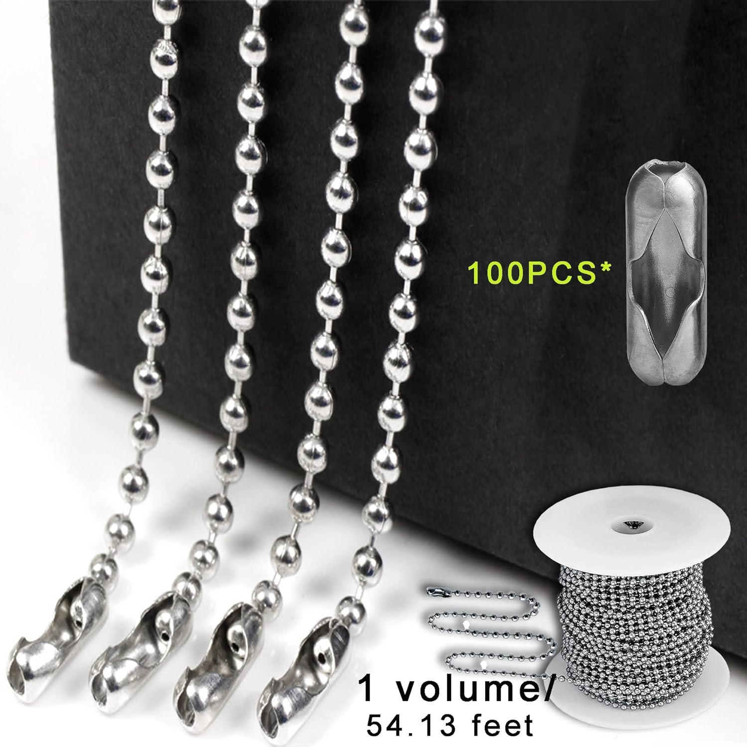 16ft or 55Ft Ball Bead Chain Stainless Steel Bulk Necklace Chain with Connectors