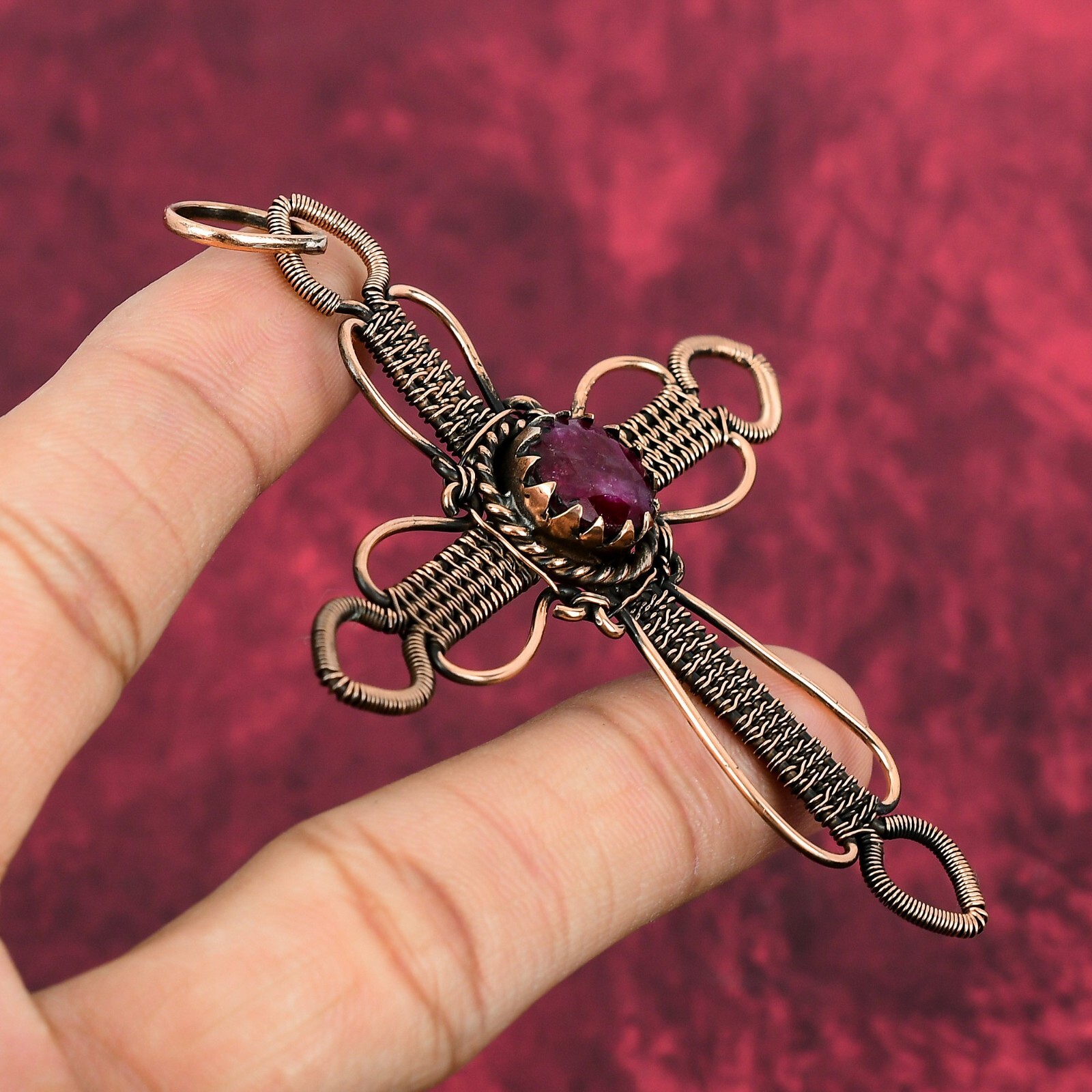 Faceted Kashmir Rubi Gemstone Pendant Copper Wire Wrapped Jewelry Cross Pendant