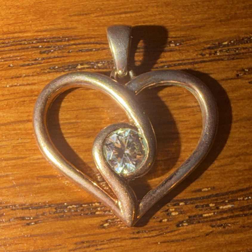 Silver Heart Charm Pendant Bezel Set Round Colorless Cubic Zirconia Signed