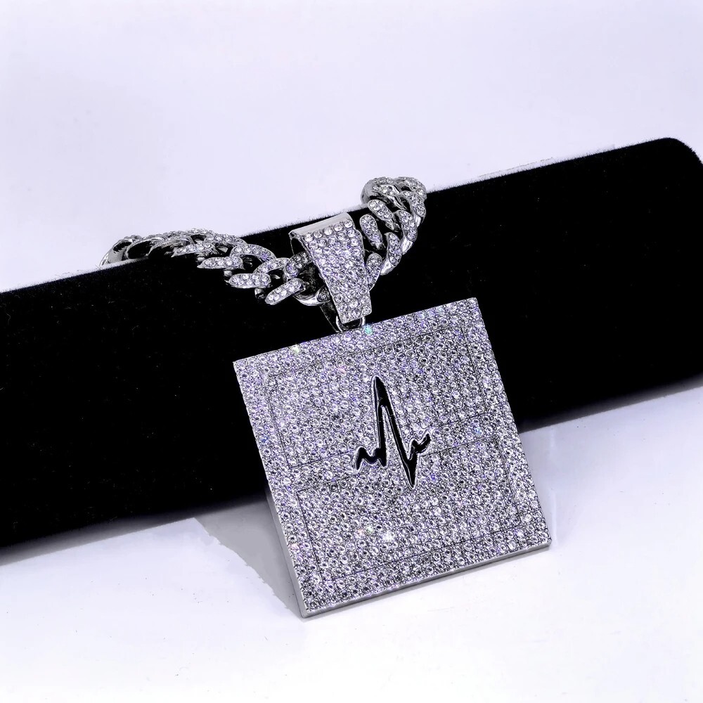 Iced Lifeline ECG Pendant Necklace CZ Bling Men Hip Hop Miami Cuban Link Chain