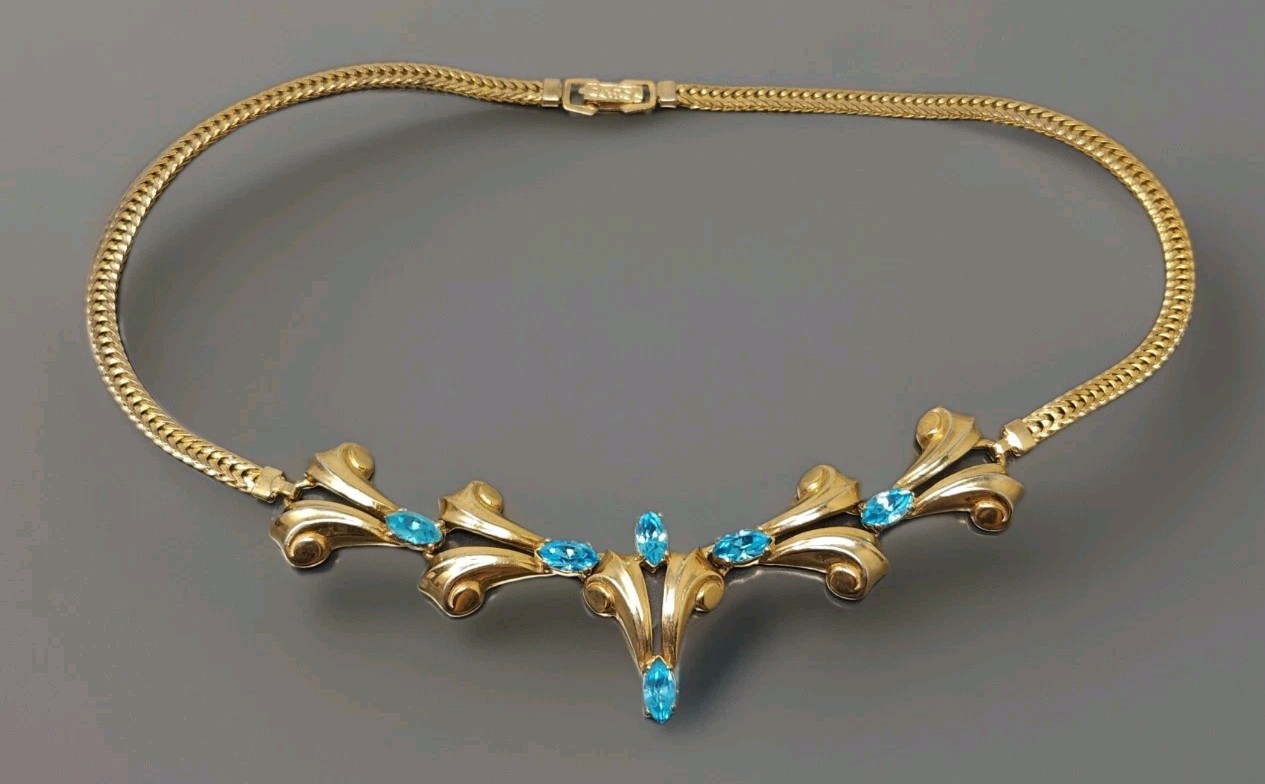 Vintage W. Germany Blue Rhinestone 1/20 12K Gf Necklace 15″