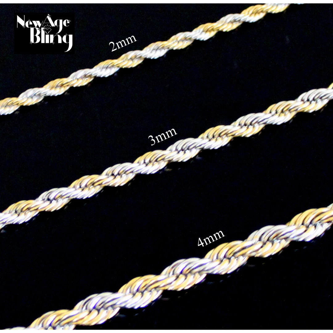 StainlessSteel Rope Chain Two Tone Plated 16″-30″ Men Women Twist Necklace 2-4mm