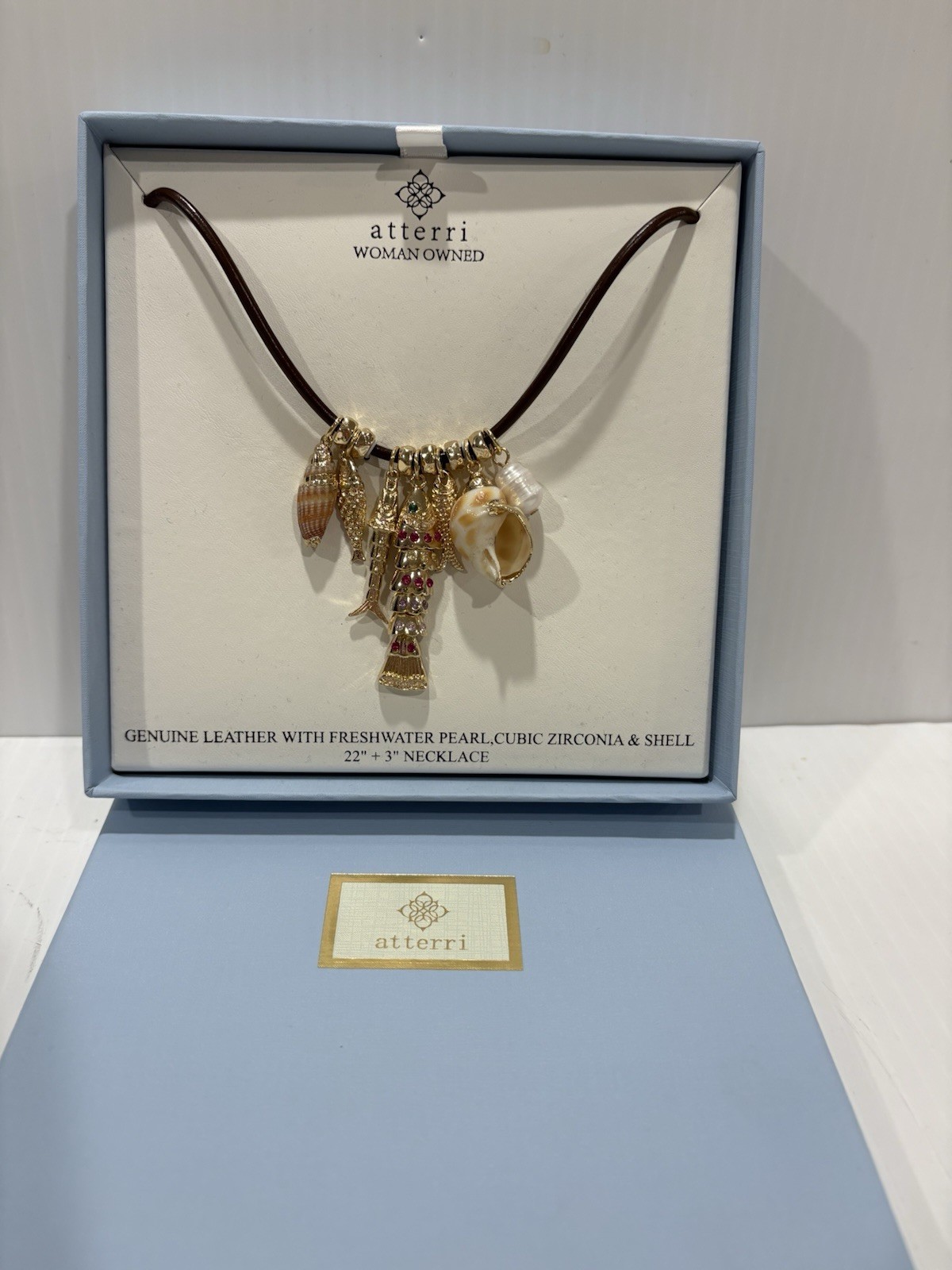 ATTERRI CHARM NECKLACE GENUINE LEATHER W FRESH WATER PEARL CUBIC ZIRCONIA &SHELL