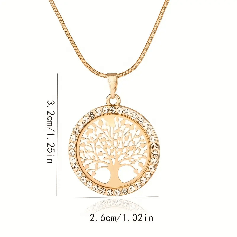 Rose Golden Tree of Life Round Hollow Rhinestone Necklace Pendant Jewelry Women