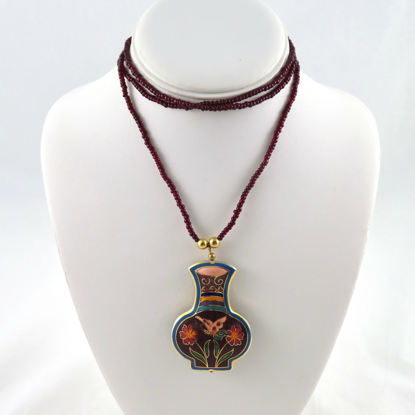 Enamel Flower Vase Pendant Necklace Butterfly Beaded Chain 37.75″